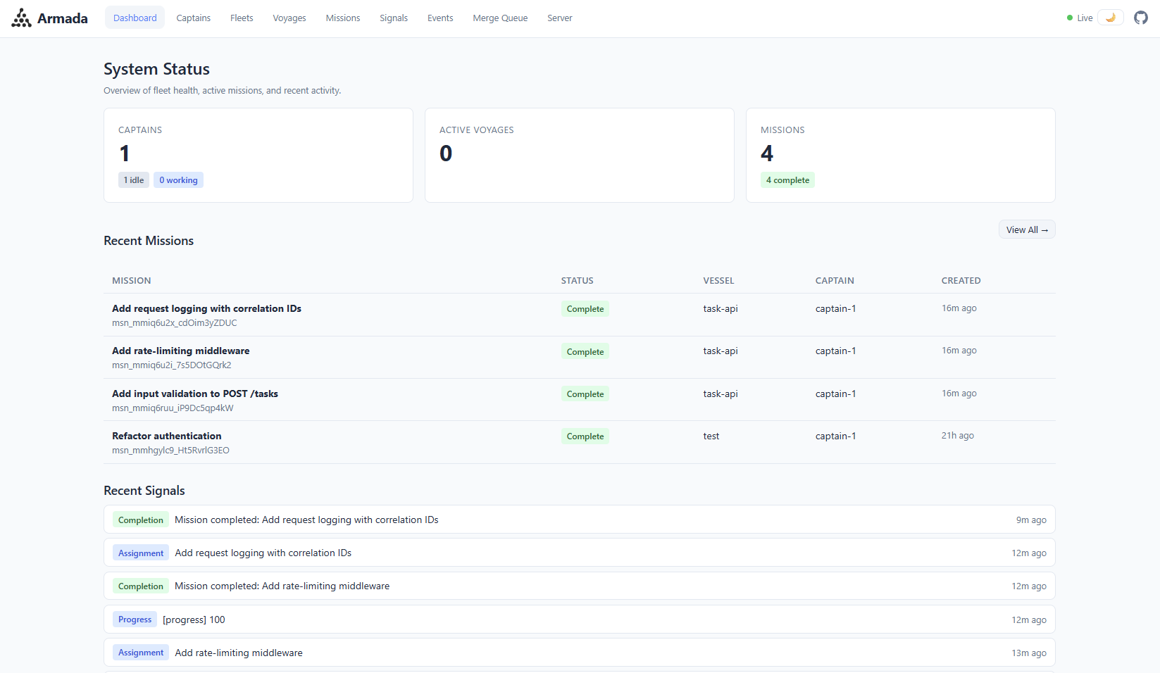 Armada Web Dashboard - System Status