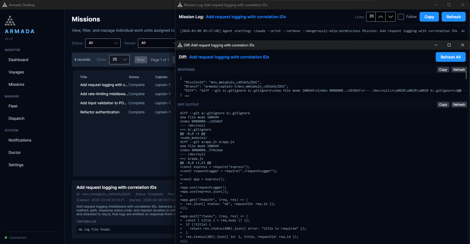 Armada Desktop - Mission Log and Diff
