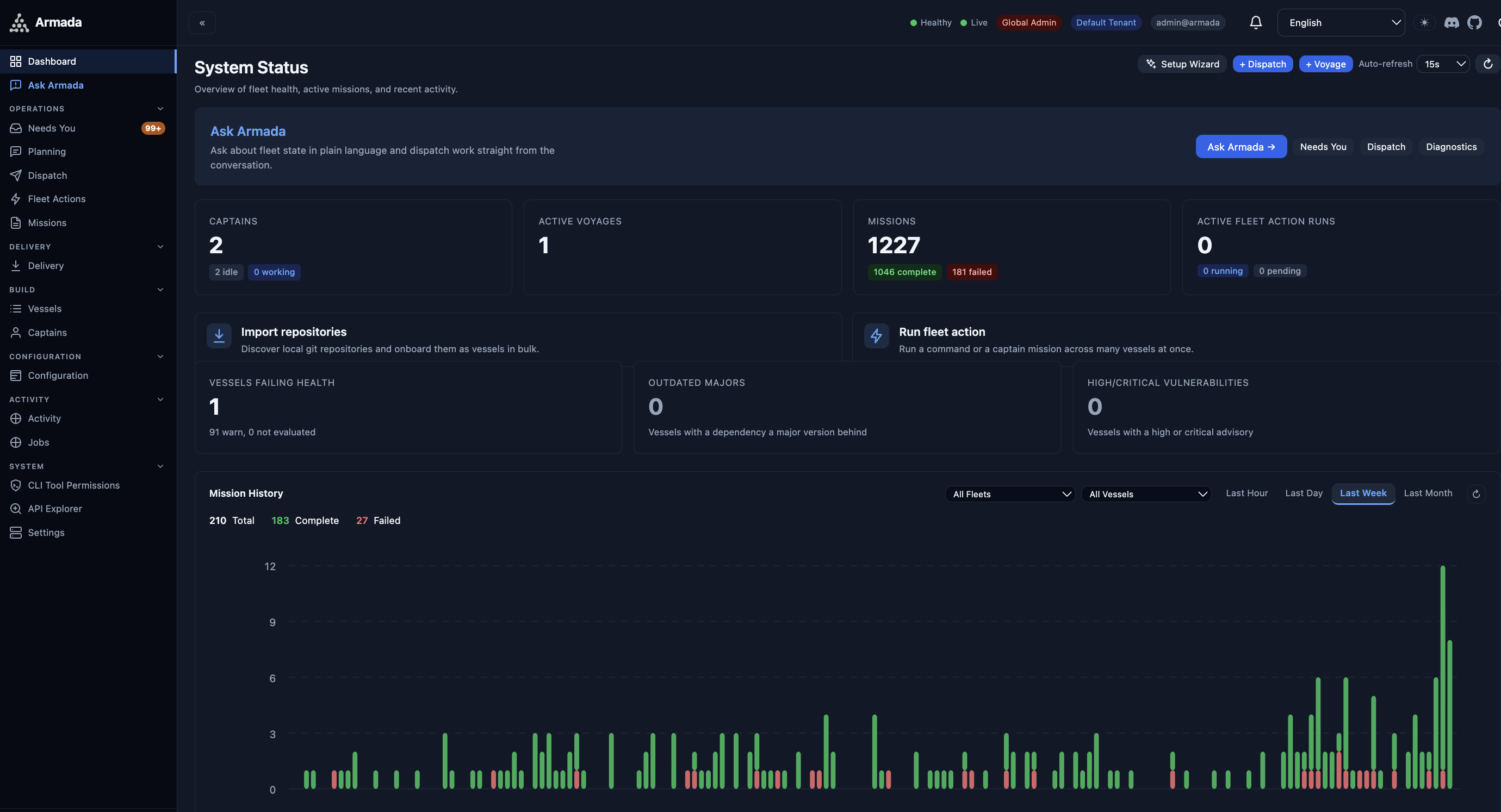 Armada web dashboard - system status